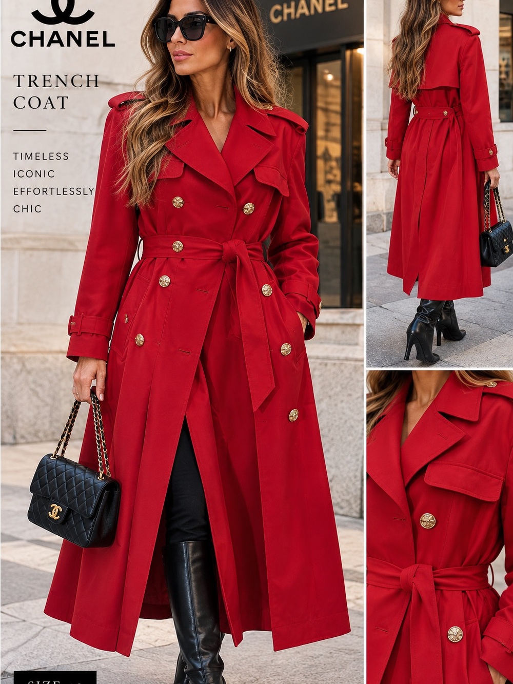 CHANEL Red Double-Breasted Trench Coat with Gold Buttons